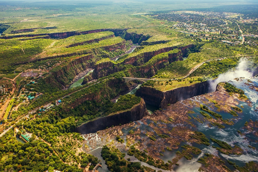 View of the gorges from Victoria Falls at low water