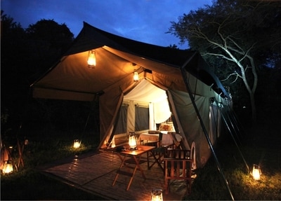 Traditional tented accommodation at John's Camp, Mana Pools